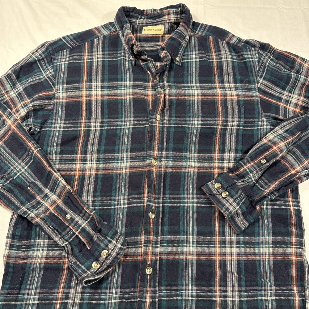 FLANNEL SHIRT Hobbs Creek Men's Large Blue Plaid Cotton Button Down CABINCORE